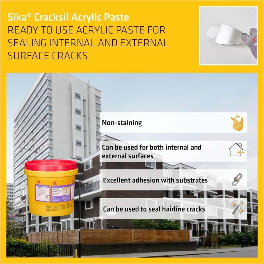 Sika Cracksil Acrylic Paste 1kg | White Waterproof Wall Crack Filler | UV Resistant Masonry Sealant | Plastic Bucket