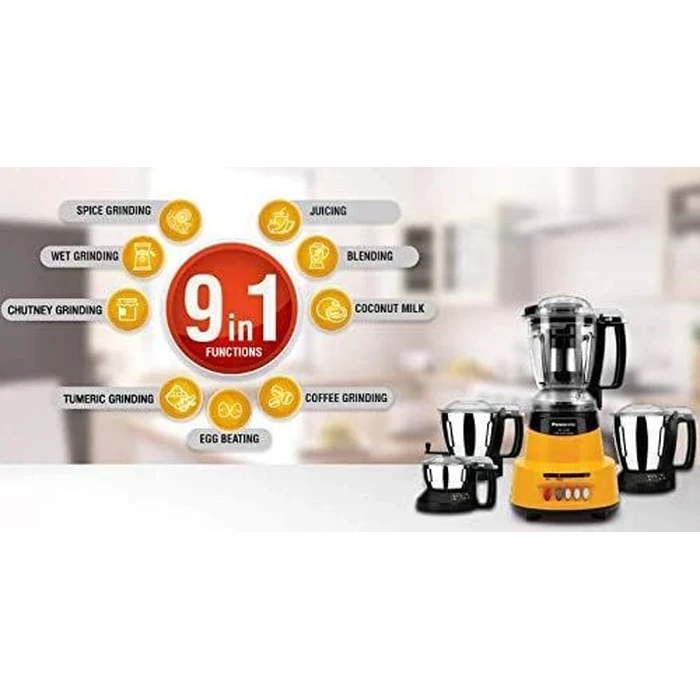 Panasonic 600W Elements Mixer Grinder with 3 Stainless Steel Jars & 1 Juicer Jar | Safety Lock Overload Protection | Wet Dry Blending Chutney Grinding Quartz Yellow/Rustic Red/Sunstone Orange/Charcoal