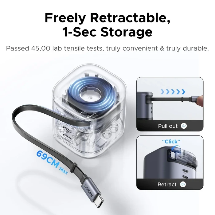 UGREEN 45W 3-Port GaN Fast Charger with Built-in 0.7M Retractable USB-C Cable | PD 3.0, PPS & UFCS Compact Multi-Device Wall Charger | UGREEN GaN Series