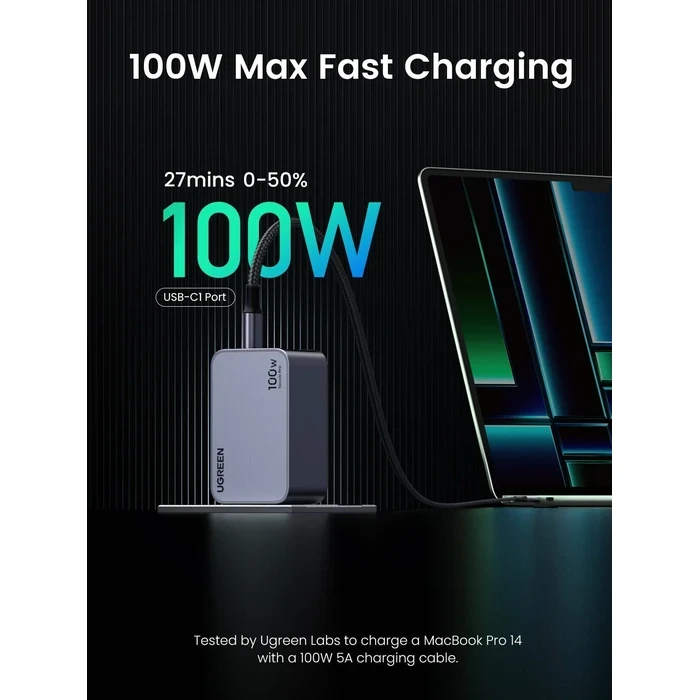 UGREEN Nexode Pro 100W 3-Port GaN Fast Charger | 2x USB-C & 1x USB-A PD 3.0 / PPS Ultra-Slim High-Speed Power Adapter (US Plug) | Nexode Pro Series