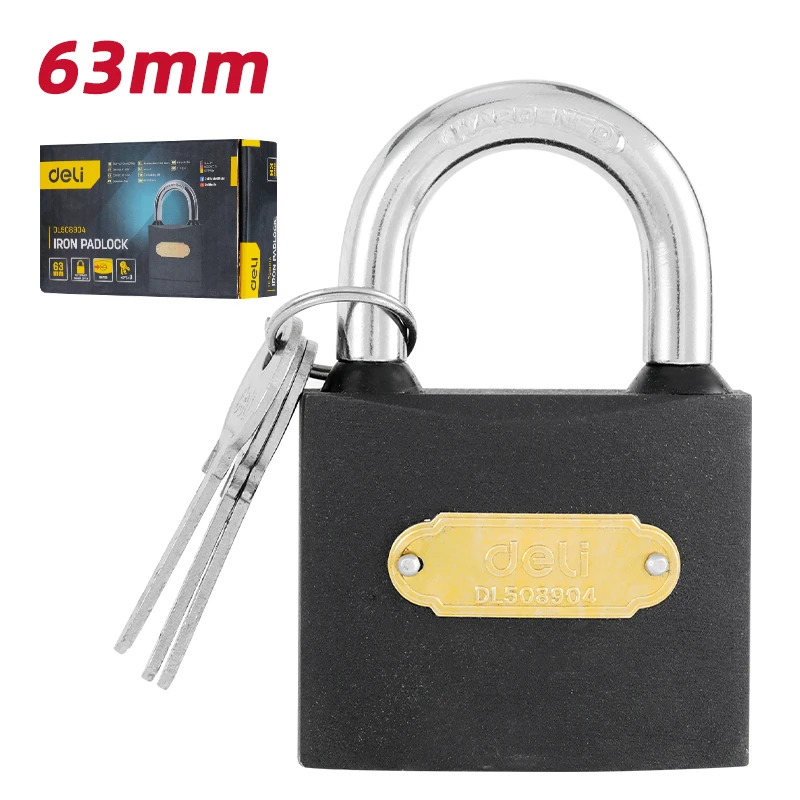 Deli Heavy-Duty Iron Padlock 63mm with Robust Alloy Steel Shackle & Waterproof Keyhole Cover (Black) | EDL508904