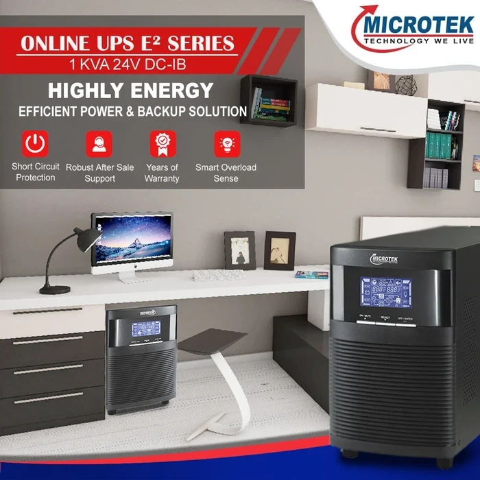 Microtek E2 1KVA/800W True Online Double-Conversion UPS (NM36EM1KK11) | Built-In 36VDC SMF Battery Bank (12V 9Ah x 2) | Pure Sine Wave Output, Zero Transfer Time & Smart LCD Display
