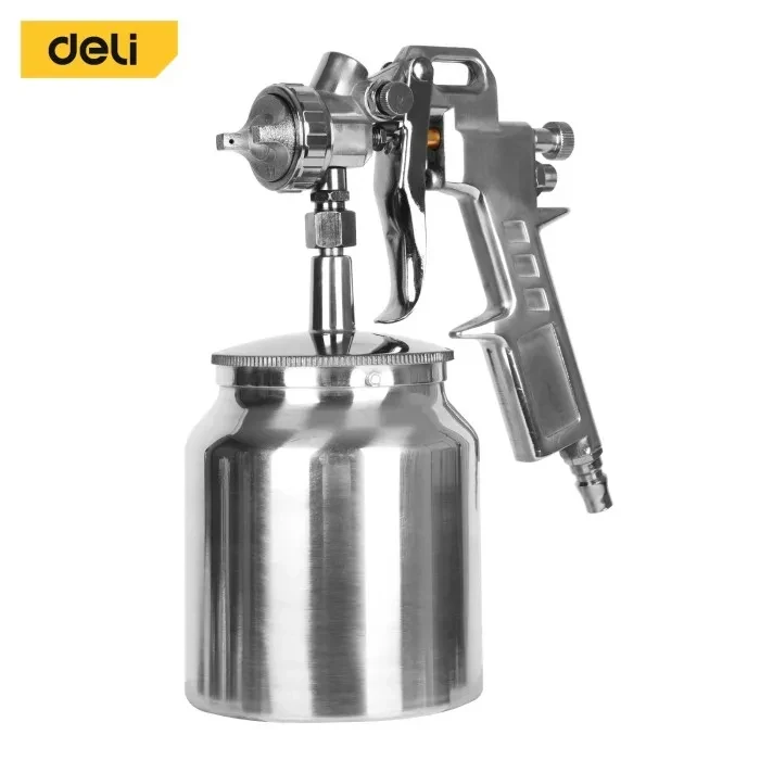 Deli Tools Pneumatic Air Spray Gun 750ml Lower Tube Siphon Paint Sprayer with 2.5mm Nozzle, Solid Copper Atomizing Cap & Die-Cast Aluminum Body | EDL-QPQ-990S