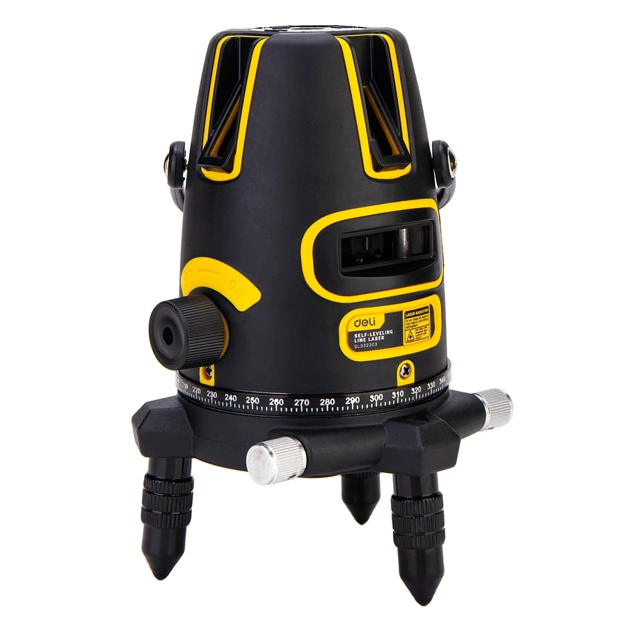 Deli 3-Line LD Green Beam Self-Leveling Laser Level | High-Visibility Outdoor Cross-Line Laser with 360° Rotary Base, ±3° Auto-Alarm & Plastic Case | EDL332303
