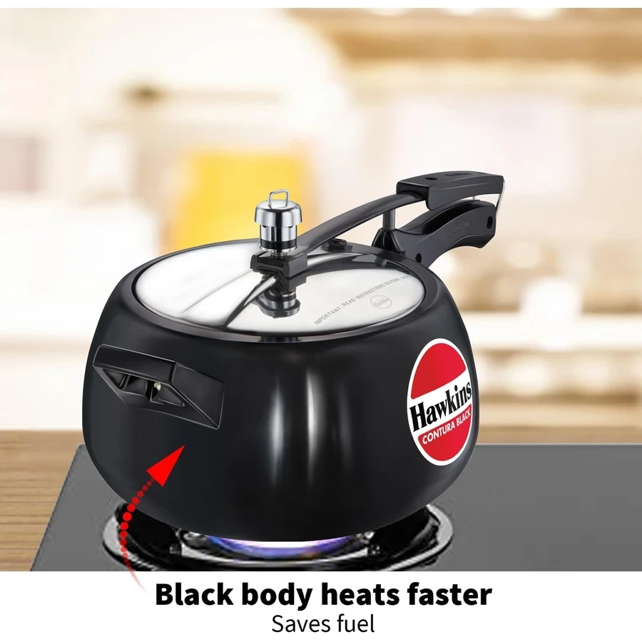 Hawkins Contura Black Pressure Cooker | Hard Anodised Body | Stainless Steel Lid | Rapid Heating Black Base | 1.5L to 5L