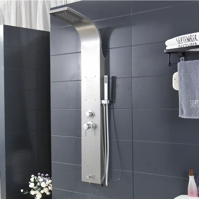 TOYO-7126 Premium SS304 Multi-Function Shower Panel | Brushed Matt Finish 4-Way Hydrotherapy Massage Tower with Rain Shower, Inbuilt Body Jets, Hand Shower, and Brass Spout