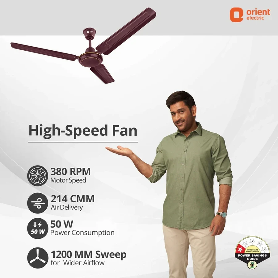 Orient Rapid Air High-Speed Ceiling Fan 1200mm | 52W Energy Efficient | 380 RPM | 210 CMM Airflow | Brown & White