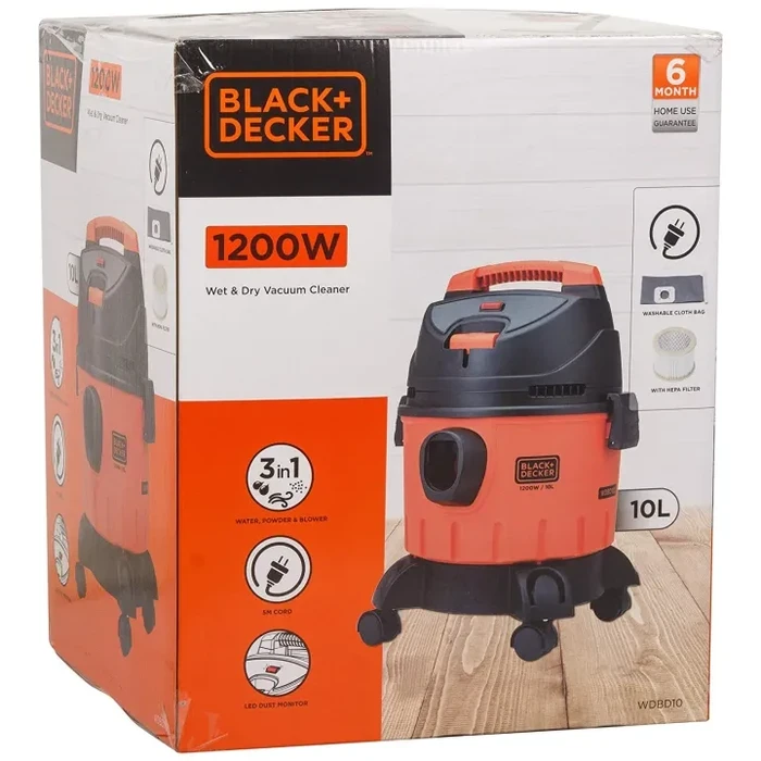 BLACK+DECKER 10-Litre 1200W Wet & Dry Vacuum Cleaner with Blower Function | 16 kPa Suction HEPA Filter & Multi-Floor Nozzles | WDBD10