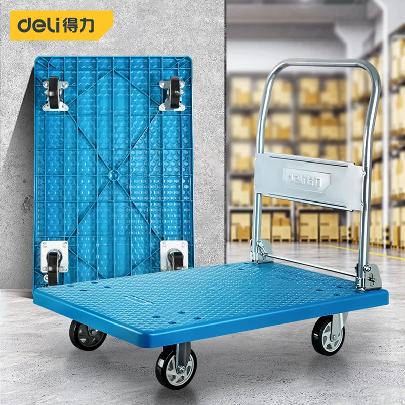 Deli 60cm x 90cm (300kg Capacity) Heavy-Duty Foldable Platform Flatbed Cart | Industrial Reinforced Deck with Smooth Heavy-Duty Casters & Folding Steel Handle | DL6112