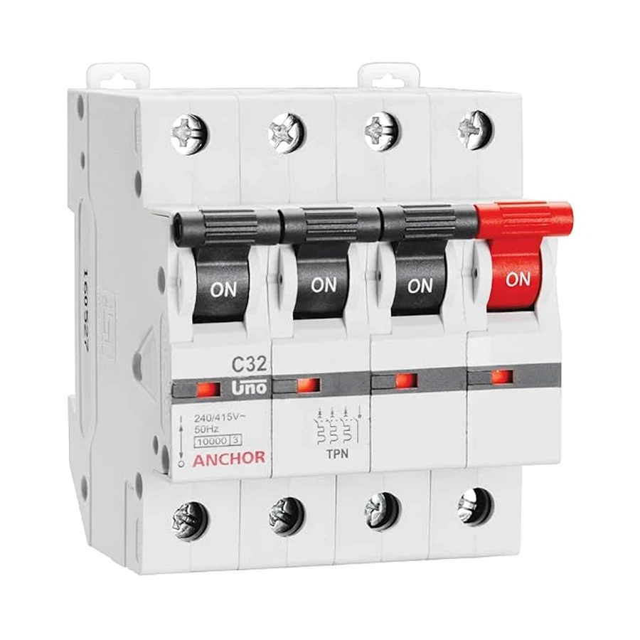 Anchor UNO 4P MCB 6A 'C' Curve 98033 - Four Pole, Standard Circuit Breaker Type for Low-Load Three-Phase Protection