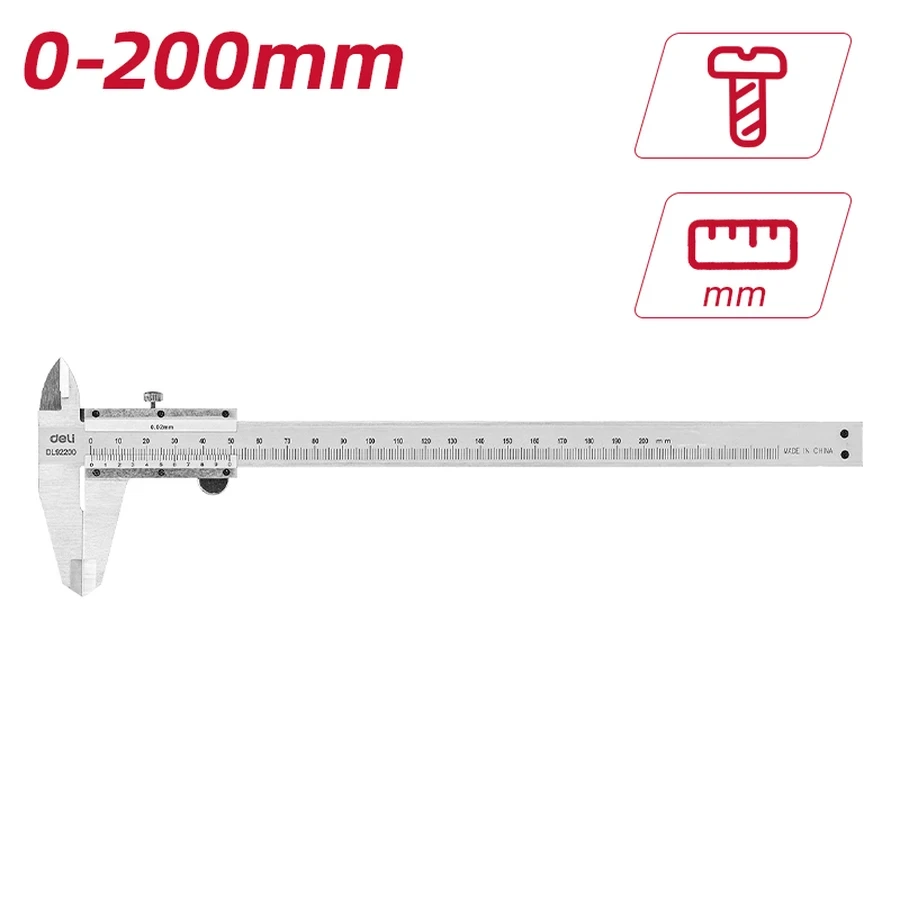Deli 200mm (8") Professional High-Precision Vernier Caliper | Heavy-Duty 0.02mm Resolution 4-Way Measuring Stainless Tool with Dual Scale & Locking Screw | EDL92200