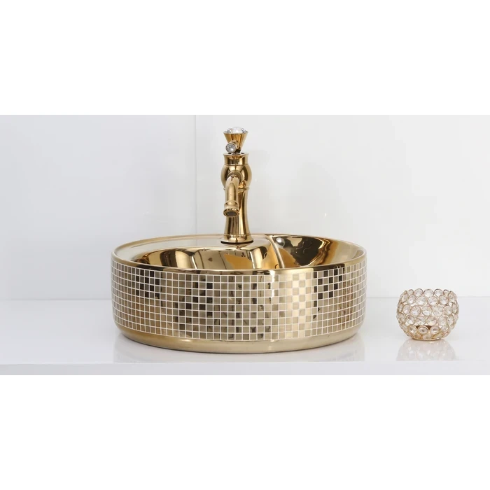 Toyo Blos-281 Ceramic Countertop Art Basin 18.5"x18.5" | Gold & Pattern Gold Premium Finish | Stain Resistant Easy to Clean Bathroom Wash Basin | 465x465x145mm