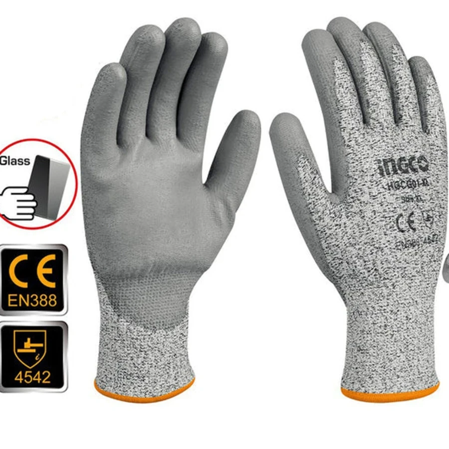 INGCO Professional Cut-Resistant Gloves | Extra-Large Level-High Protection Series HPPE Shell with PU Coated Palm & Antistatic Properties | HGCG02-XL