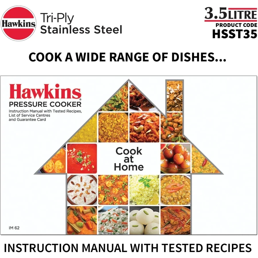 Hawkins HSST35 3.5L Tri-Ply Stainless Steel Pressure Cooker | 3mm Extra Thick | Induction Compatible | Wide Mouth | Silver