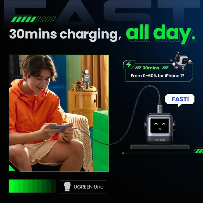 UGREEN Uno RG 30W USB-C PD GaN Fast Charger | Fun Robot-Shaped Mini Wall Adapter with Smart LED Display (Space Gray, US Plug) | Uno RG Series