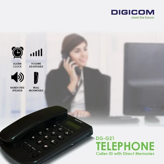 Digicom -DG-G21 Caller ID Landline Telephone with 12-Digit LCD Display | FSK/DTMF Dual System Compatible | 35 Incoming Memory Hands-Free Loudspeaker Desk & Wall Mountable