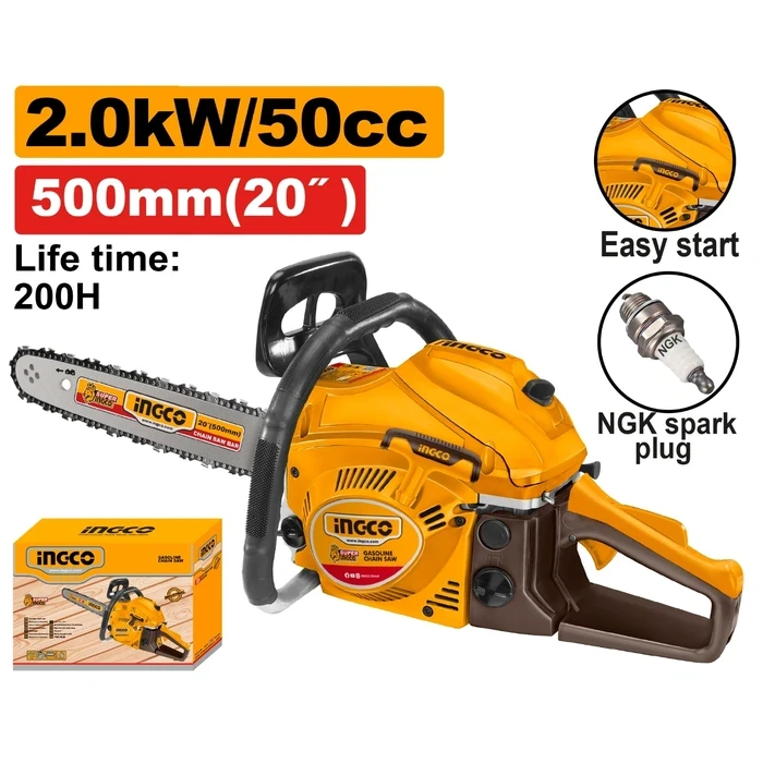 INGCO 50cc 20" (500mm) 2.0kW 2-Stroke Gasoline Chainsaw with NGK Spark Plug, Easy Start & Automatic Oiler | GCS5502011