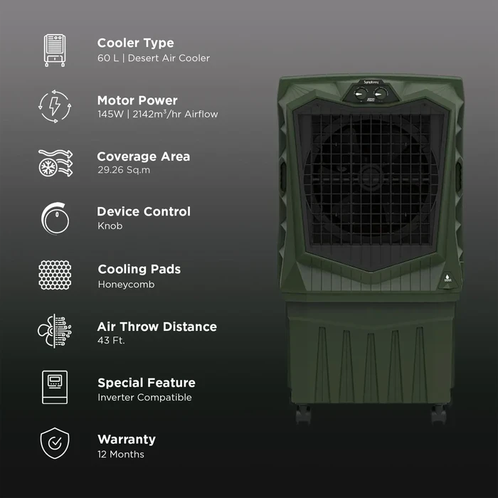 Symphony AIRFORCE 60 Desert Air Cooler | 60L High-Efficiency Honeycomb Media | 145W Low Power Consumption Fan 11m (36ft) Air Throw Distance Auto Louver Cool Flow Dispenser