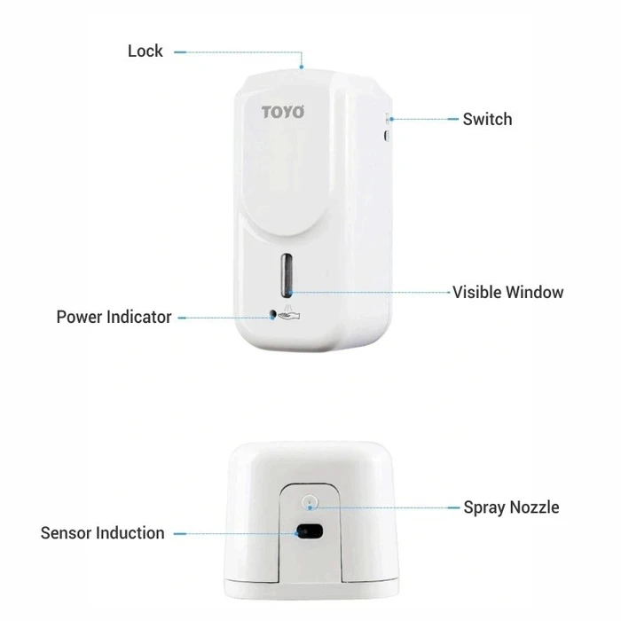 TOYO 1000ml Automatic Touchless Sanitizer Dispenser | Induction Infrared Sensor 1 to 3 ml Adjustable Output | Hybrid AC & DC Power Framework Virgin ABS White | TOYO-1505