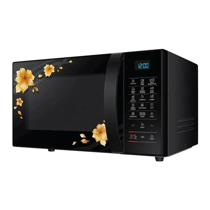 Samsung 21L CE77JD-QB1/IM Convection Microwave Oven | SlimFry™ Technology Roti & Naan Maker Curd Mode Ceramic Enamel Black Flower Pattern