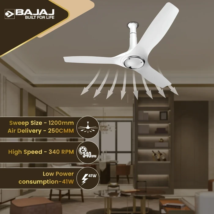 Bajaj Arioso 12DC5R 1200mm (48") 5-Star BLDC Ceiling Fan with Remote | 41W 250 CMM Low-Noise ABS Airfoil Blades - White & Chrome | Model 251720EE