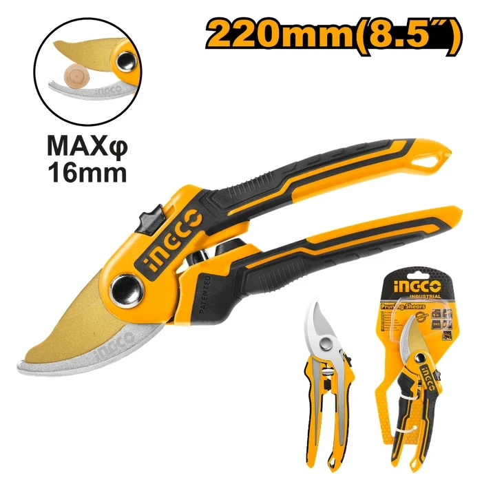 INGCO 8.5" (220mm) Professional Garden Pruning Shear | Heavy-Duty Entire Metal Frame Bypass Pruner with 55# Heat-Treated Teflon Coated Carbon Steel Blade & Comfort TPR Grip Handle | HPS0601