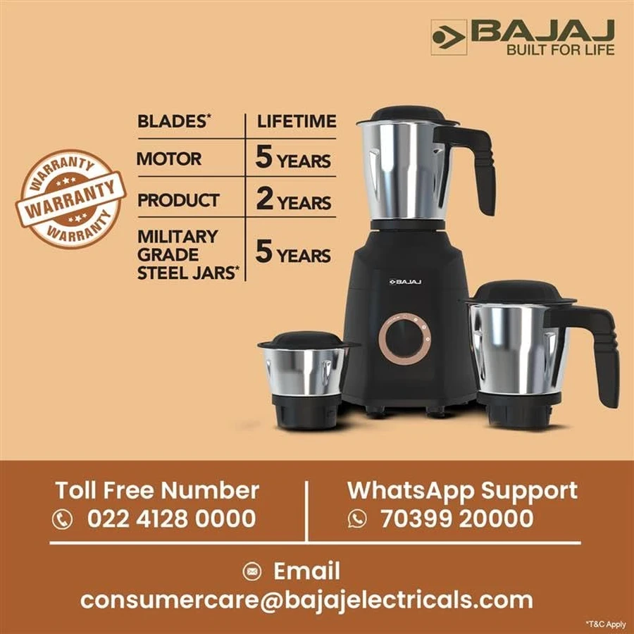 Bajaj Military Series Finesse 750W Mixer Grinder | Stainless Steel Jars & Portable Design | Midnight Black & Copper | 410592