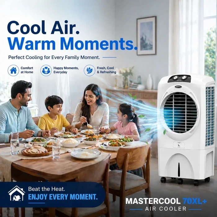 Symphony Mastercool 70XL+ Large Room Air Cooler | 70L Tank Capacity High-Efficiency Honeycomb Media | 185W Energy Saving Fan Covers 43m² CFD Technology Auto Louver Wide Air Spread