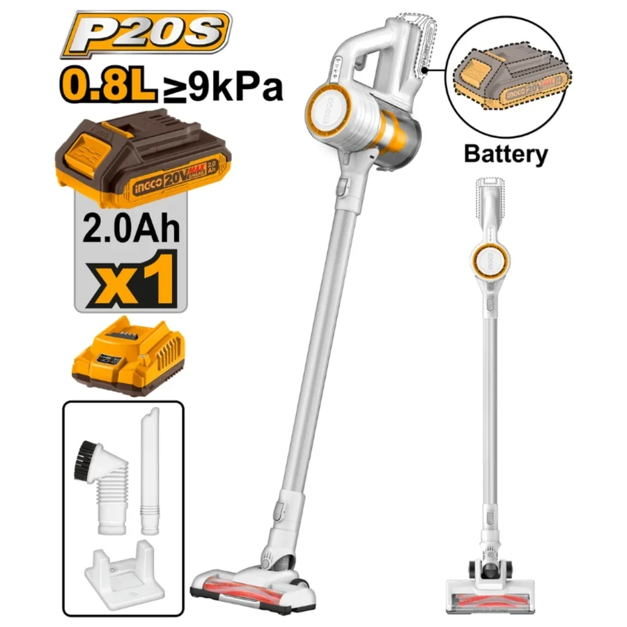 INGCO 20V Lithium-Ion High-Performance Cordless Handheld Vacuum Cleaner with Washable Filter & Multi-Nozzle Set | CVLI2006