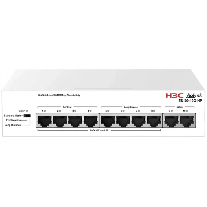 H3C ES100-10G-HP 10-Port Gigabit Unmanaged Switch (8 PoE+ & 2 Uplink) | 120W Total PoE 20Gbps 6kV Surge & Long-Distance Mode | H3C Series - ES100-10G-HP