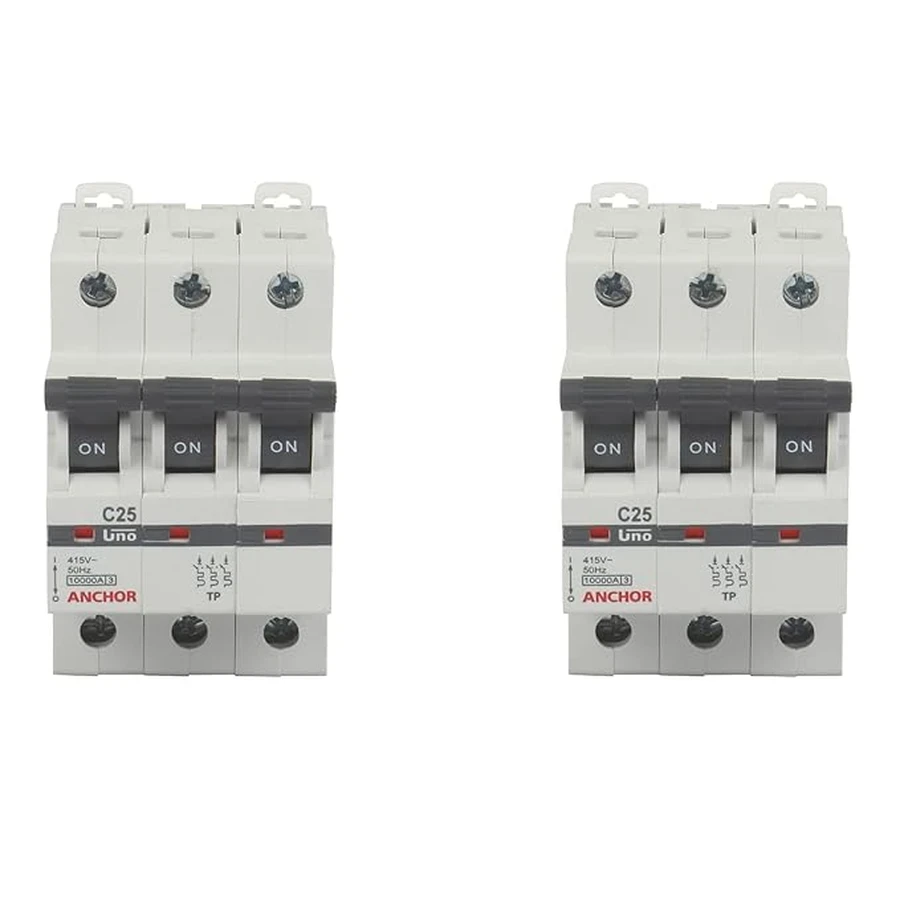 Anchor UNO TP MCB 25A 'C' Curve 98029 - Three Pole, Medium Current Capacity, Clamp Mount Standard Circuit Breaker