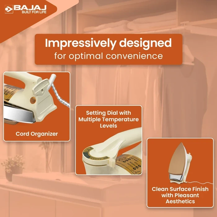 Bajaj 1000W Heavy Weight Dry Iron | DuraGlide German Non-Stick Soleplate, Denim Mode & 360-Degree Swivel Cord | Majesty DHX 9 - 440154
