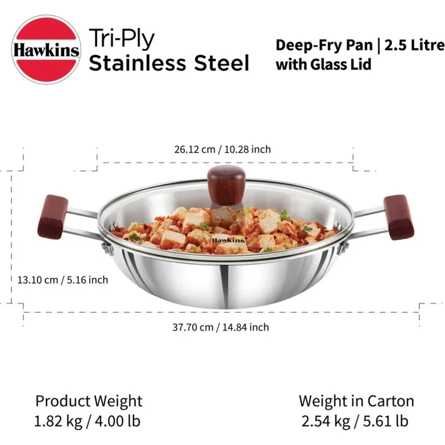 Hawkins SSD25G 2.5L Tri-Ply Stainless Steel Deep Fry Pan (Kadhai) with Glass Lid | 26 cm | Rosewood Handles | Induction & Gas Compatible