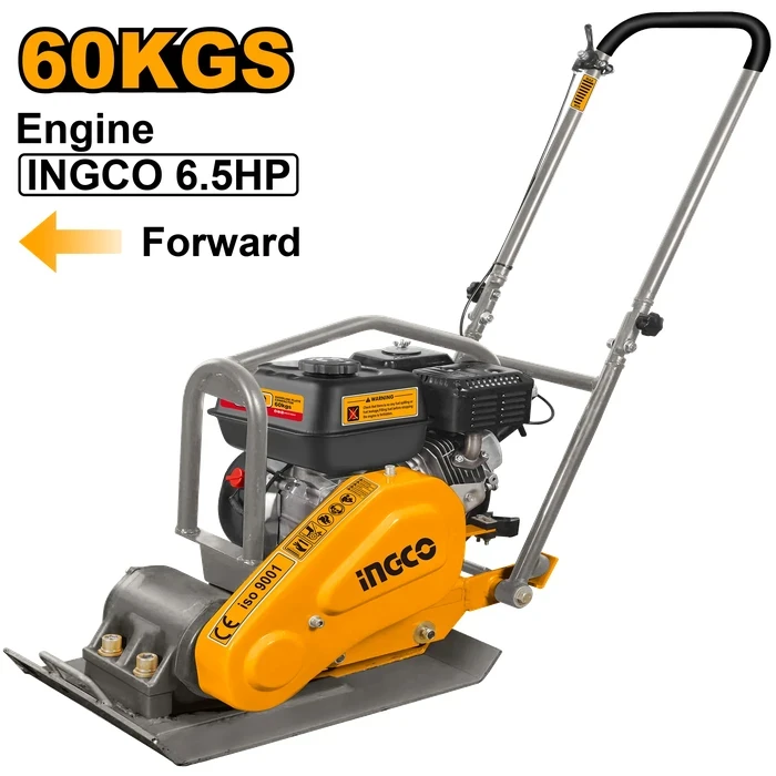INGCO 60kg 6.5HP (4.8kW) Gasoline Vibratory Plate Compactor (10.5kN Force, 5600 VPM, 50x36cm Plate) with 20cm Depth & 450 m²/hr Efficiency | GCP060-2