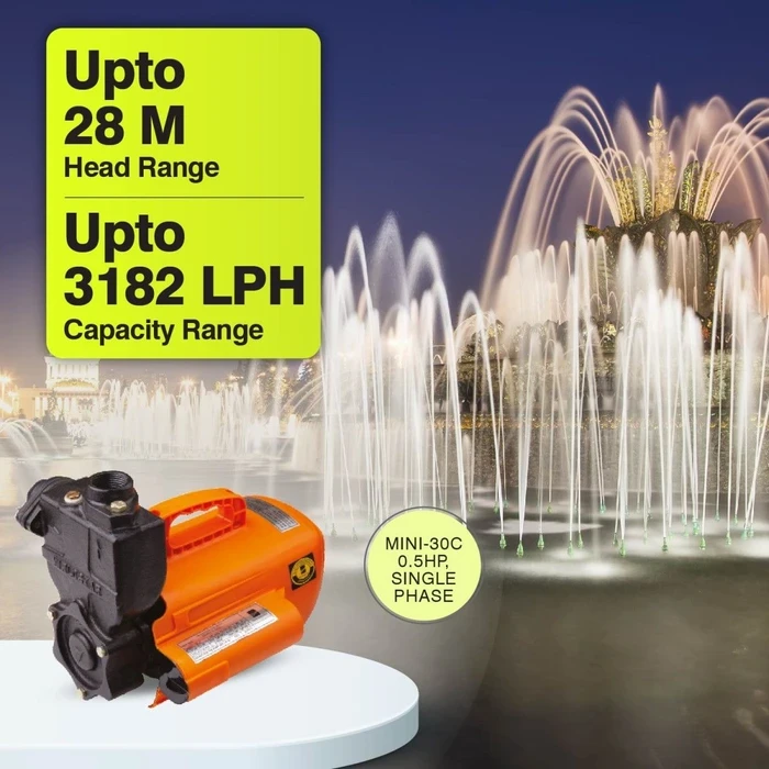 Kirloskar Mini-30C 0.5 HP Single-Phase Self-Priming Monoblock Water Pump | 28m Head & 3182 LPH Flow with Brass Impeller & Cast Iron Body