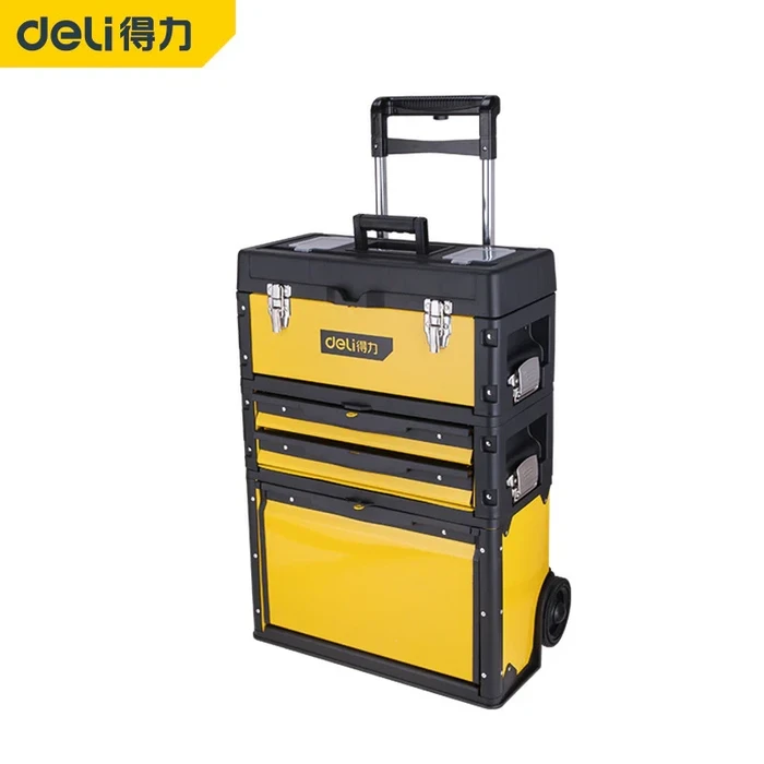 Deli Tools 3-In-1 Rolling Trolley Toolbox | Heavy-Duty Cold-Rolled Steel & ABS Modular Storage Cabinet with Retractable Pull Rod | EDL-TS3C-20