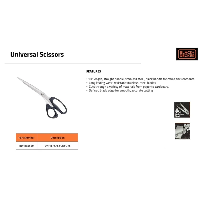 BLACK+DECKER Universal Stainless Steel Straight Edge Utility Scissors | Ergonomic Multi-Purpose Office & Craft Shears | BDHT81569