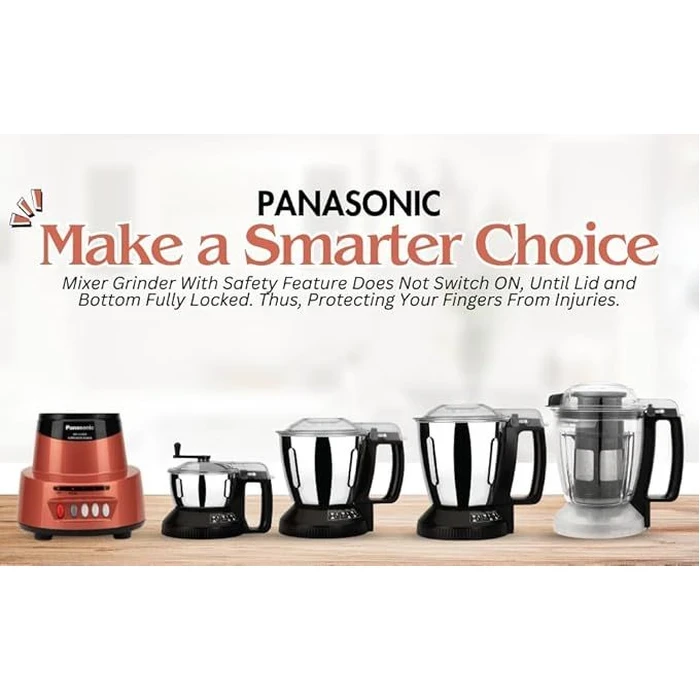 Panasonic 600W Elements Mixer Grinder with 3 Stainless Steel Jars & 1 Juicer Jar | Safety Lock Overload Protection | Wet Dry Blending Chutney Grinding Quartz Yellow/Rustic Red/Sunstone Orange/Charcoal