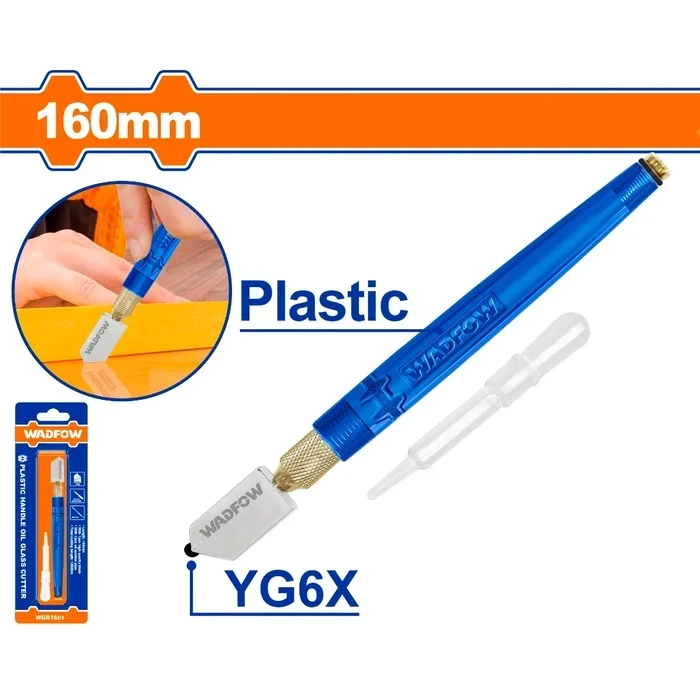 Wadfow 160mm Professional Plastic Handle Oil Glass Cutter | Industrial Self-Oiling Glazier Scribe with 10000m Extended Cutting Length & 1 Pcs Lubricant Oil Suction Pipe | WGR1601