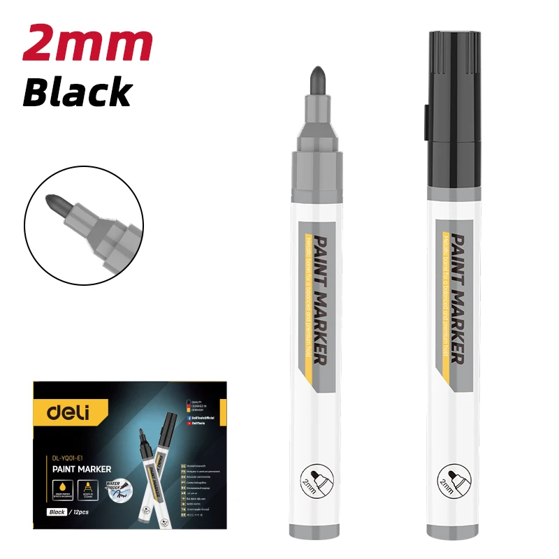 Deli Permanent Marker | Waterproof, Quick-Drying & Low-Odor Black Marker with 2mm Bullet Tip for Multi-Surface Use  | EDL-YQ01-E1