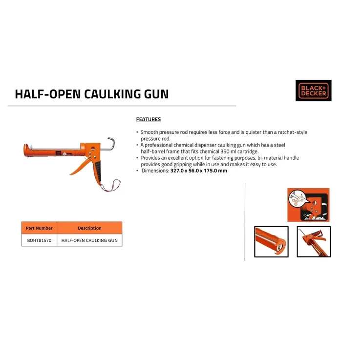 BLACK+DECKER 330mm Steel Half-Open Caulking & Silicone Sealant Gun | Smooth Pressure-Rod Anti-Fatigue Adhesive Dispenser | BDHT81570
