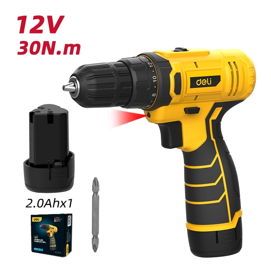 Deli 12V Professional Cordless Drill Driver | 30 N.m Max Torque Dual-Speed 10mm Keyless Chuck with 18+1 Torque Settings & 2.0Ah Li-ion Battery (Yellow) | EDL-DZ12-4A2