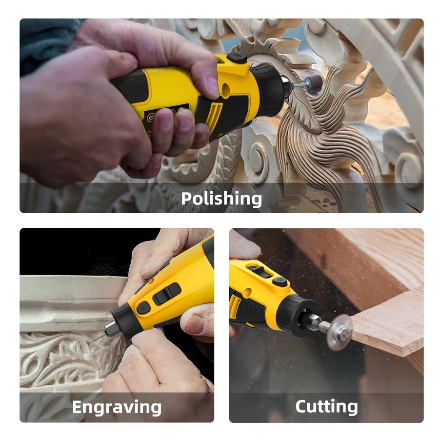 Deli 130W 6-Speed Variable Mini Rotary Grinder (10,000–32,000 RPM) | 3.2mm Collet Chuck with 41-Piece Multi-Craft Accessory Kit & Non-Slip Grip (Yellow) | EDL-DM03-E1