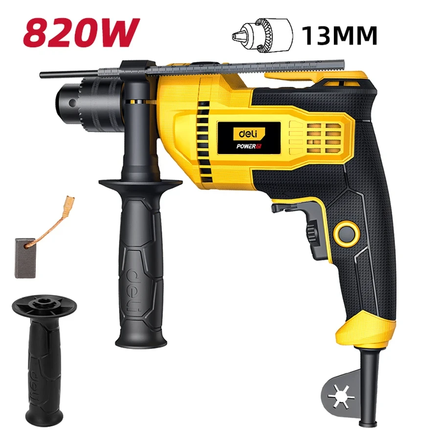 Deli 820W Professional 13mm Metal Chuck Impact Drill | 48,000 BPM Variable Speed Pure Copper Motor Masonry Percussion Drill with 360° Auxiliary Handle (Yellow) | EDL-CZ13-E6