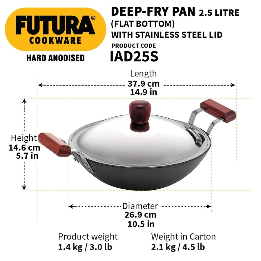 Hawkins IAD25S 2.5L Hard Anodised Deep Fry Pan (Kadhai) | Flat Bottom | Induction Compatible | Rosewood Handles | SS Lid | Black