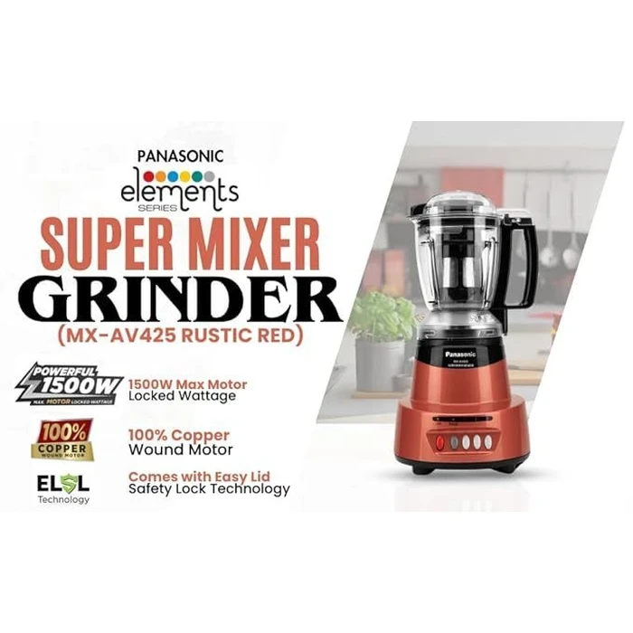 Panasonic 600W Elements Mixer Grinder with 3 Stainless Steel Jars & 1 Juicer Jar | Safety Lock Overload Protection | Wet Dry Blending Chutney Grinding Quartz Yellow/Rustic Red/Sunstone Orange/Charcoal