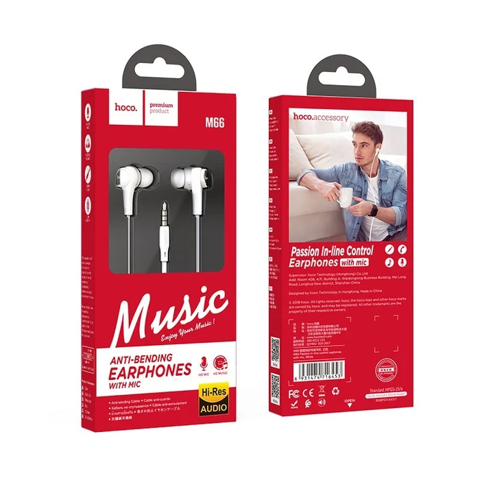 HOCO Passion In-Line Control Earphone | 12mm Driver | 3.5mm Plug | 1.2m Cable | M66