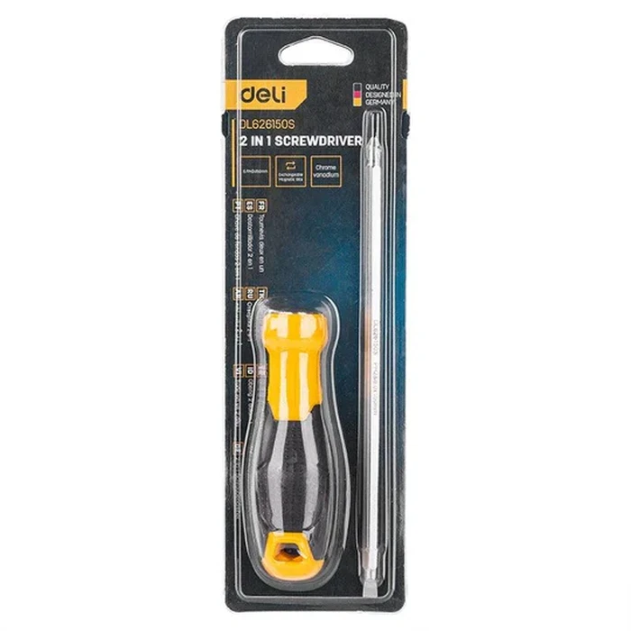 Deli 2-in-1 Reversible Screwdriver | Extended 6.35mm x 150mm Heat-Treated Steel Shank | Dual-Head Slotted & Phillips Magnetic Tip Driver with Ergonomic Cushion Grip | EDL626150S