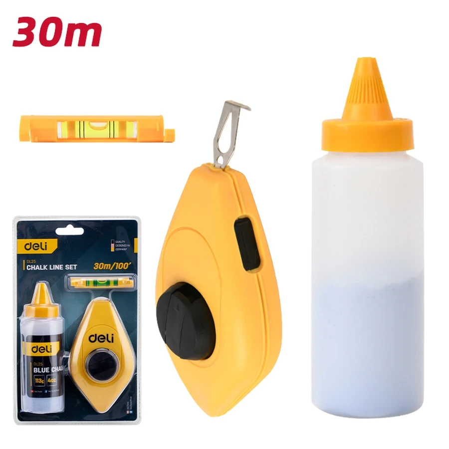 Deli 30m Professional Chalk Line Set | Heavy-Duty High-Visibility Snap Line Reel for Carpentry, Flooring, Drywall & Masonry Layout | EDL25