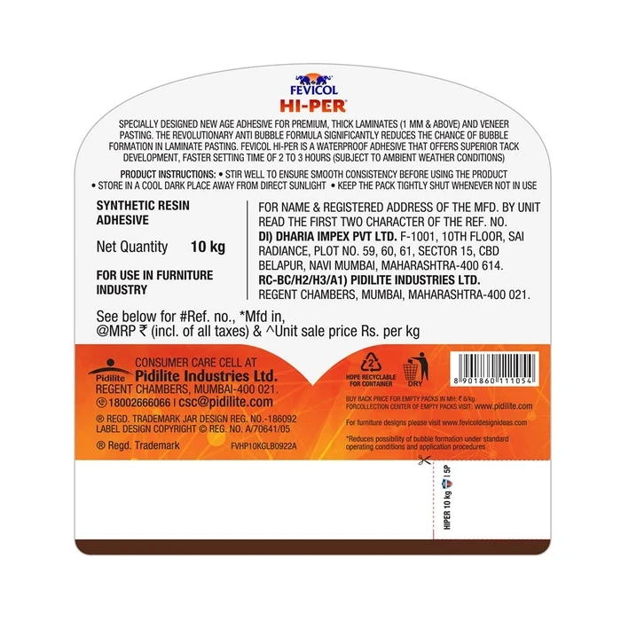 Pidilite Fevicol Hi-Per White Adhesive | Anti-Bubble Performance Logic | 500g - 10kg Tier